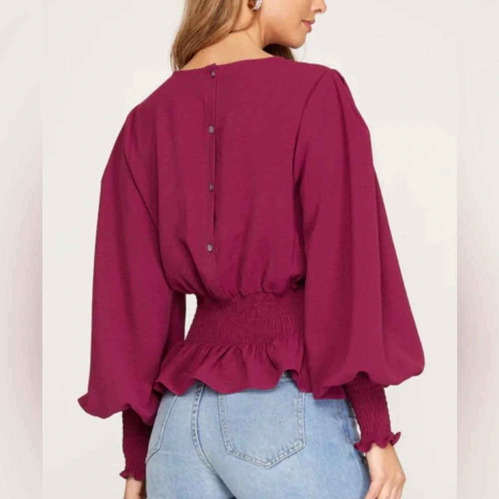 🐣She + Sky Burgundy Balloon Sleeve Blouse